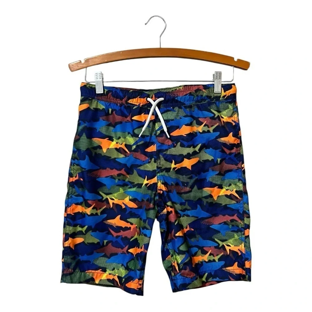 Lands End Boys Swim Trunks Size 14-16 XL Fish Print Swim Pool Vacation